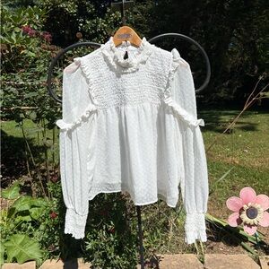 Zara high neck White Sheer Swiss dot Ruffle Blouse size medium